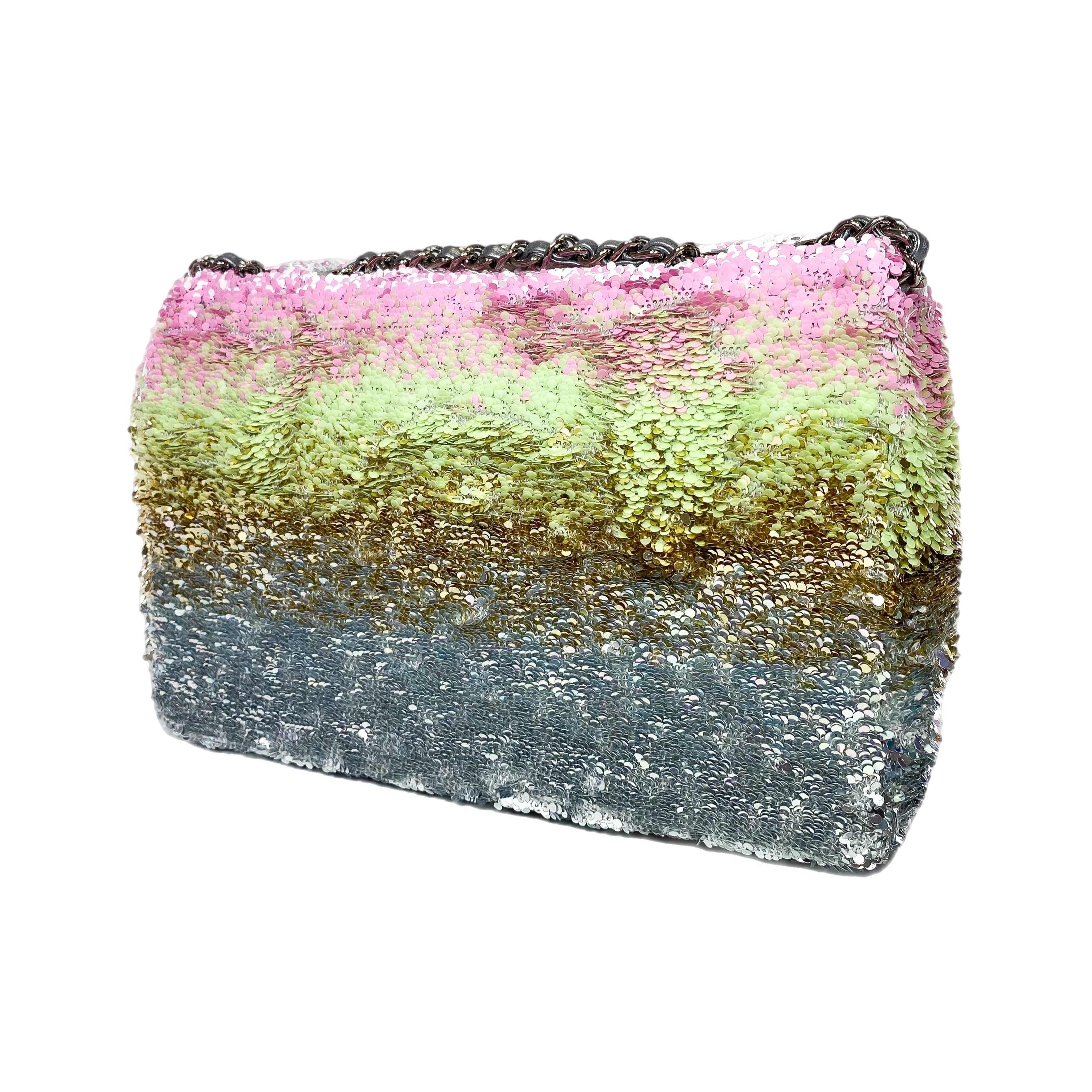 Chanel Pink Green Silver Sequins Mini Flap Bag