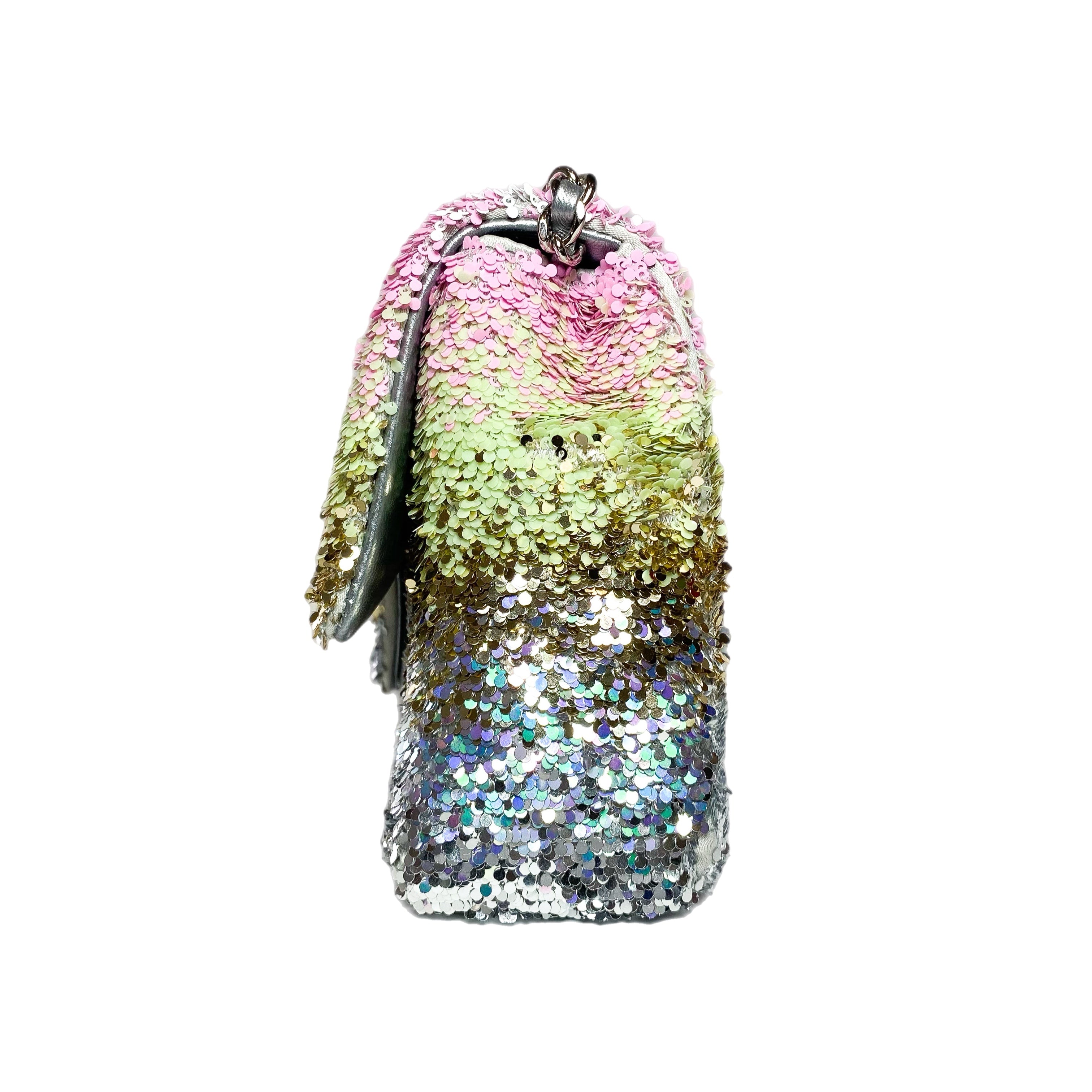 Chanel Pink Green Silver Sequins Mini Flap Bag