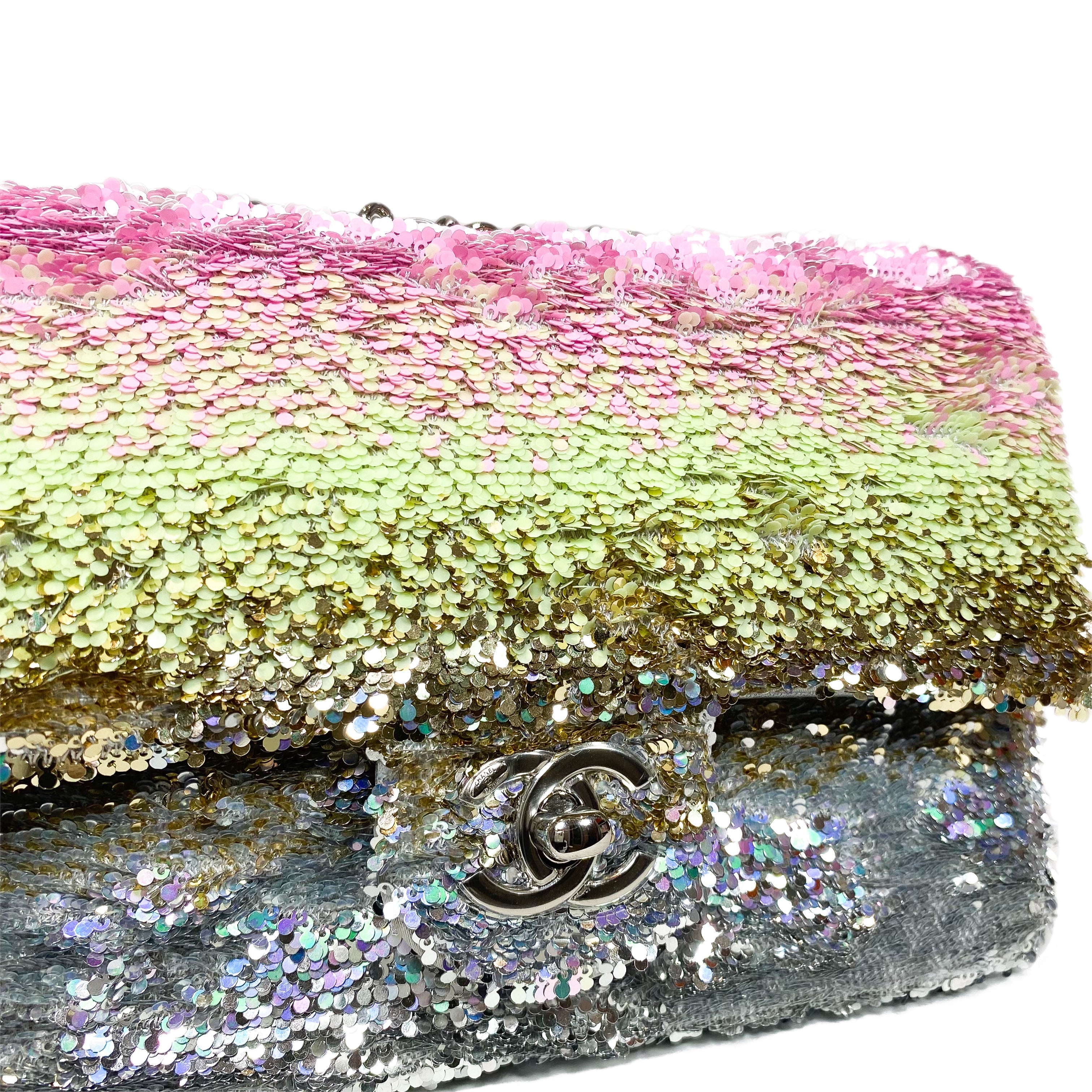 Chanel Pink Green Silver Sequins Mini Flap Bag