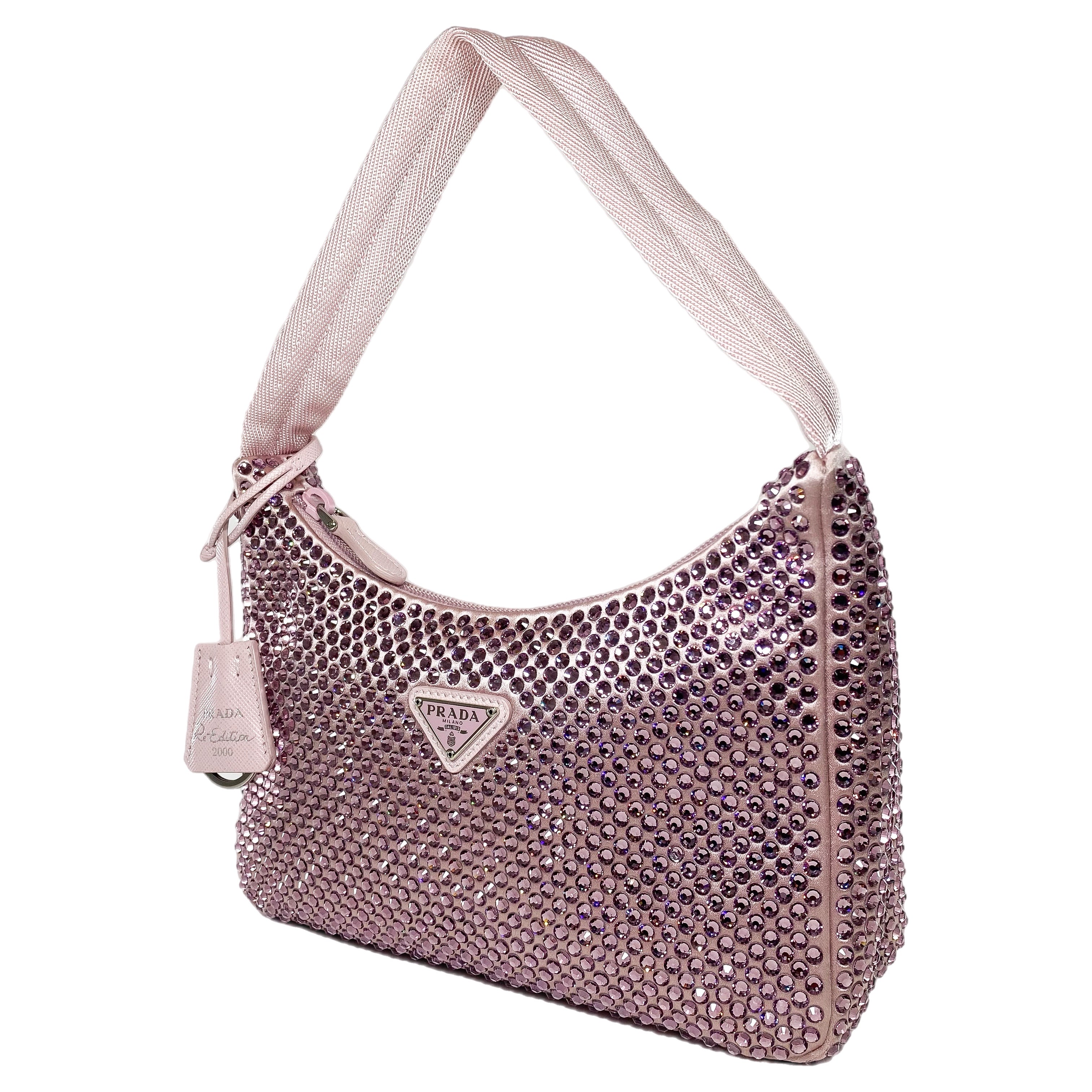 Prada Alabaster Pink Satin Re-Edition Hobo Bag with Crystals