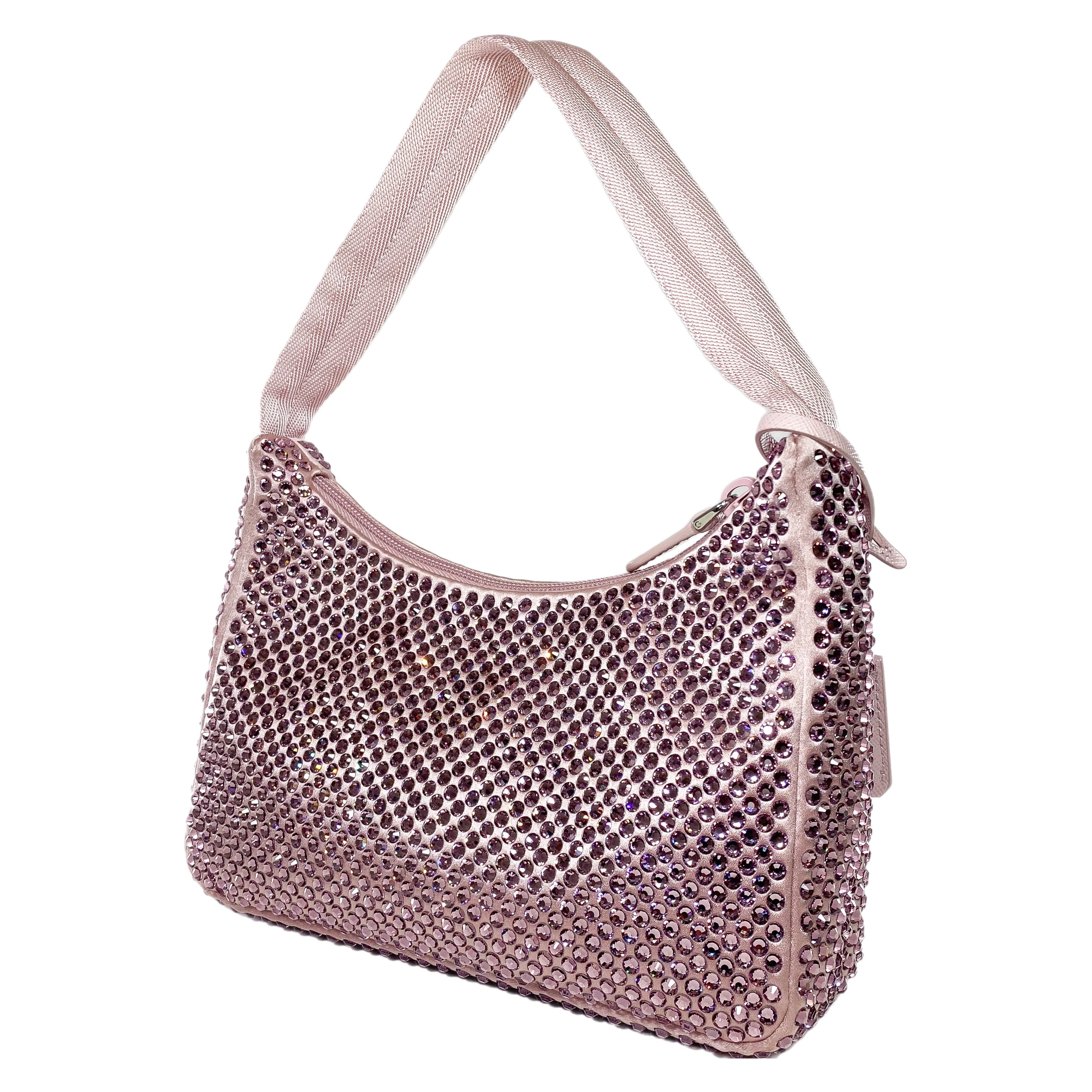 Prada Alabaster Pink Satin Re-Edition Hobo Bag with Crystals