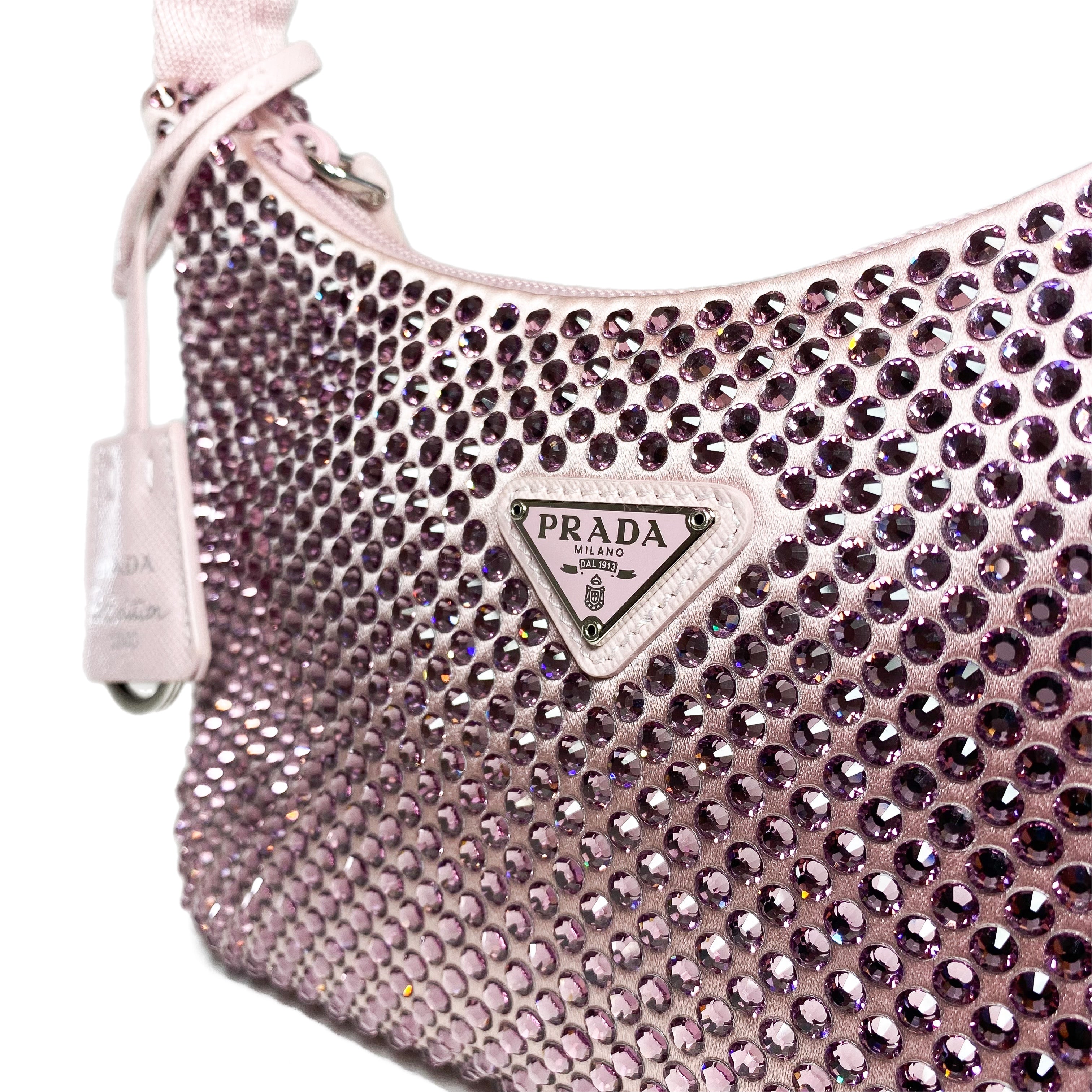 Prada Alabaster Pink Satin Re-Edition Hobo Bag with Crystals