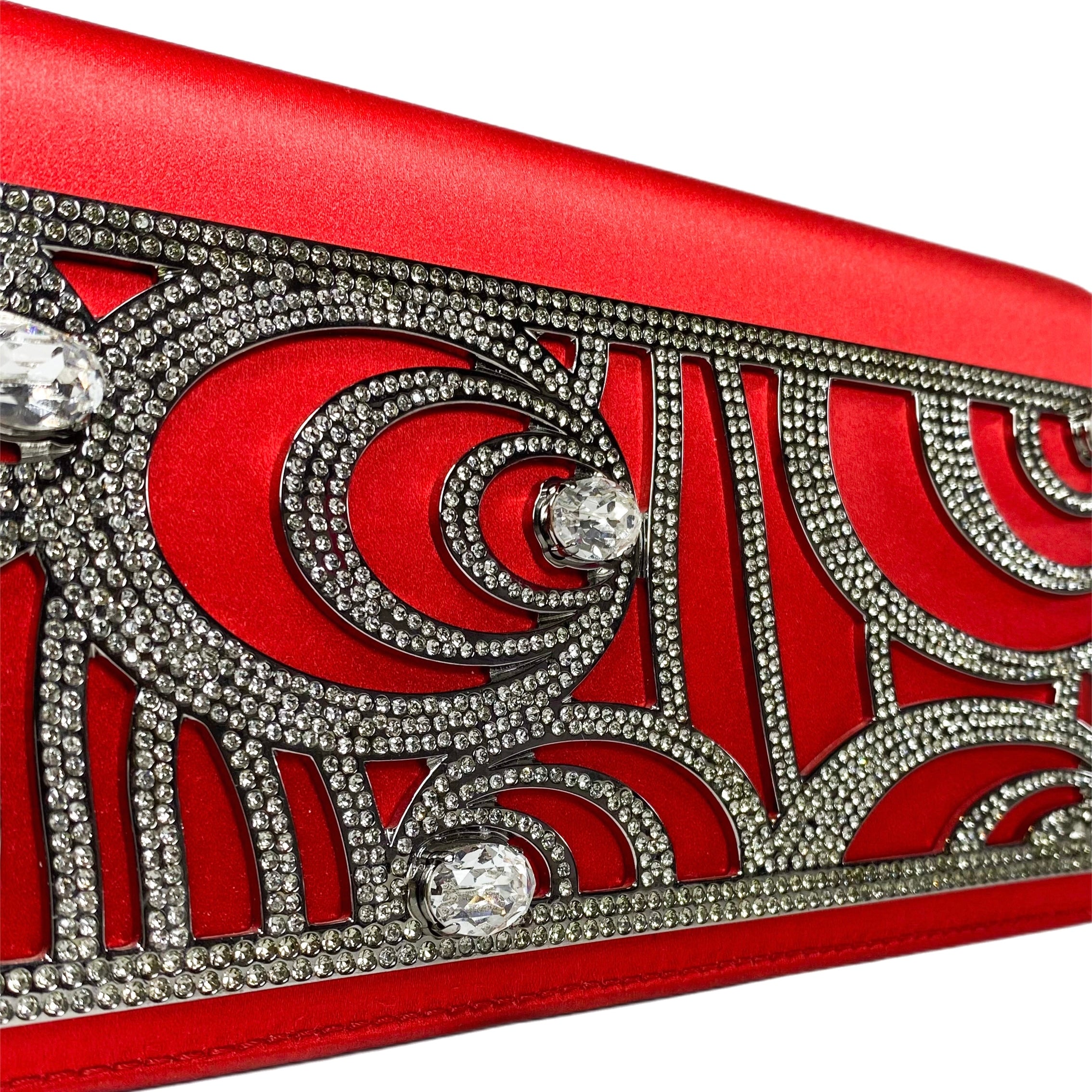 Red Satin Clutch Bag Embellished with Crystal Swarovski Stone Square & Magnetic store Snap Closure - Made in USA