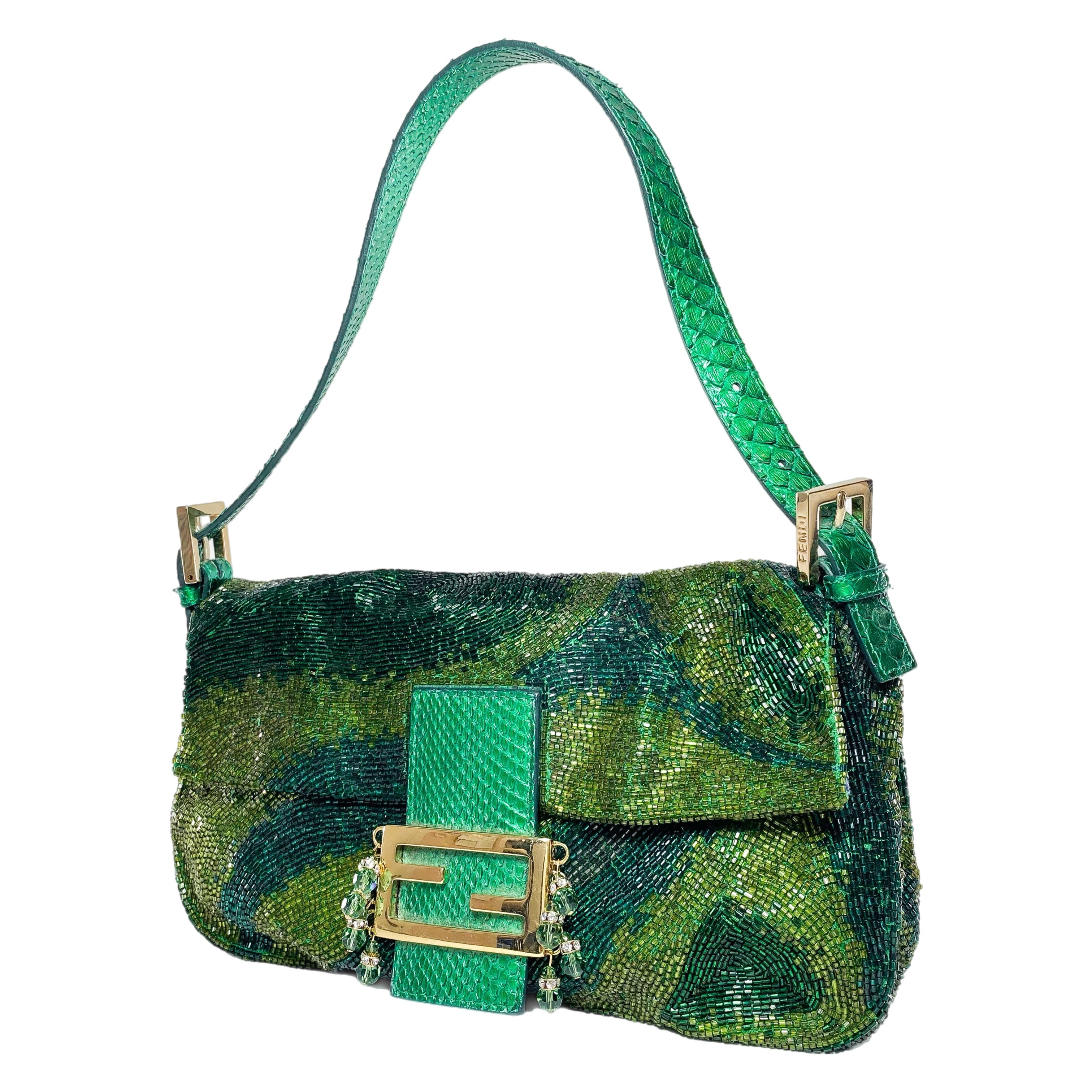 Fendi Green Beaded Python Baguette