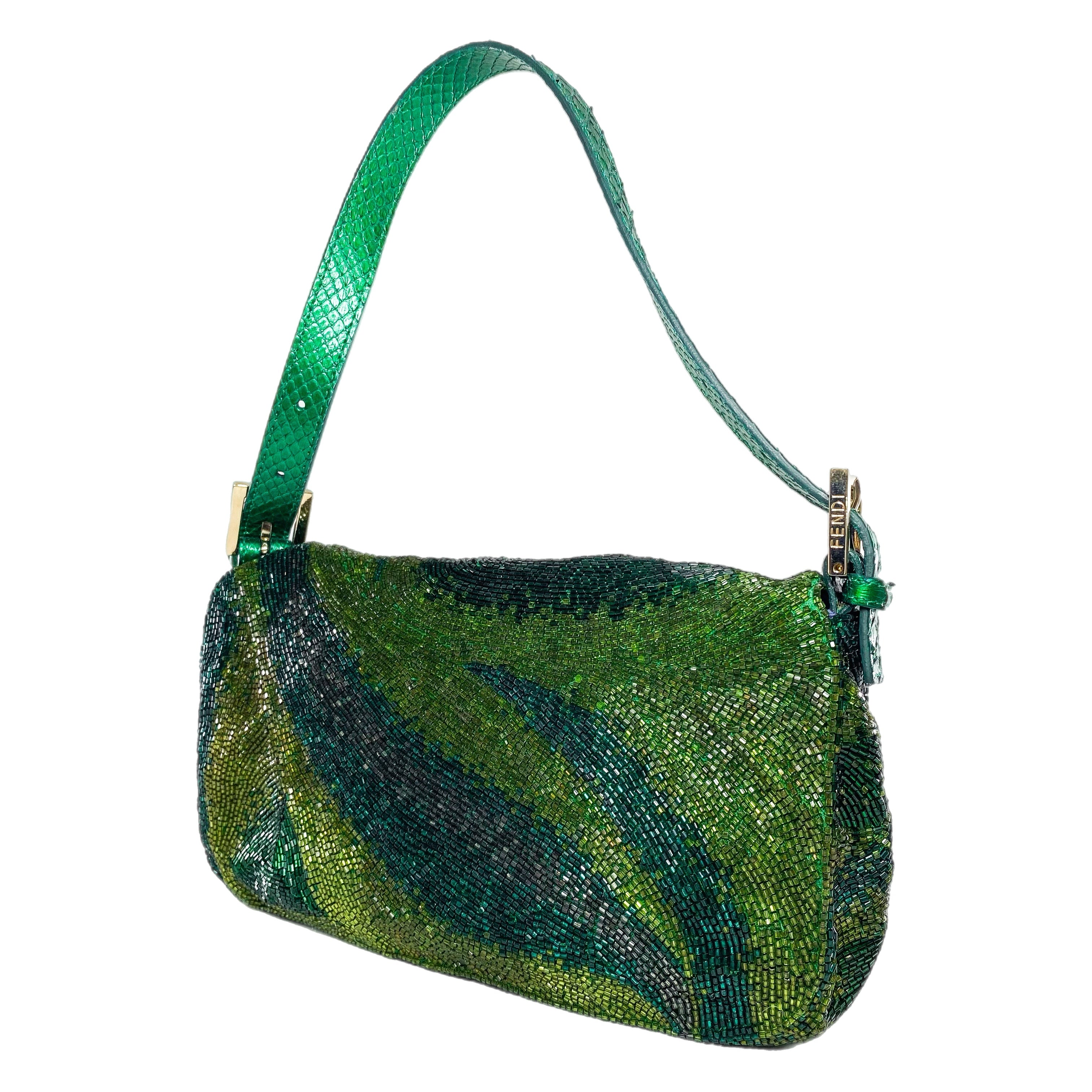 Fendi Green Beaded Python Baguette