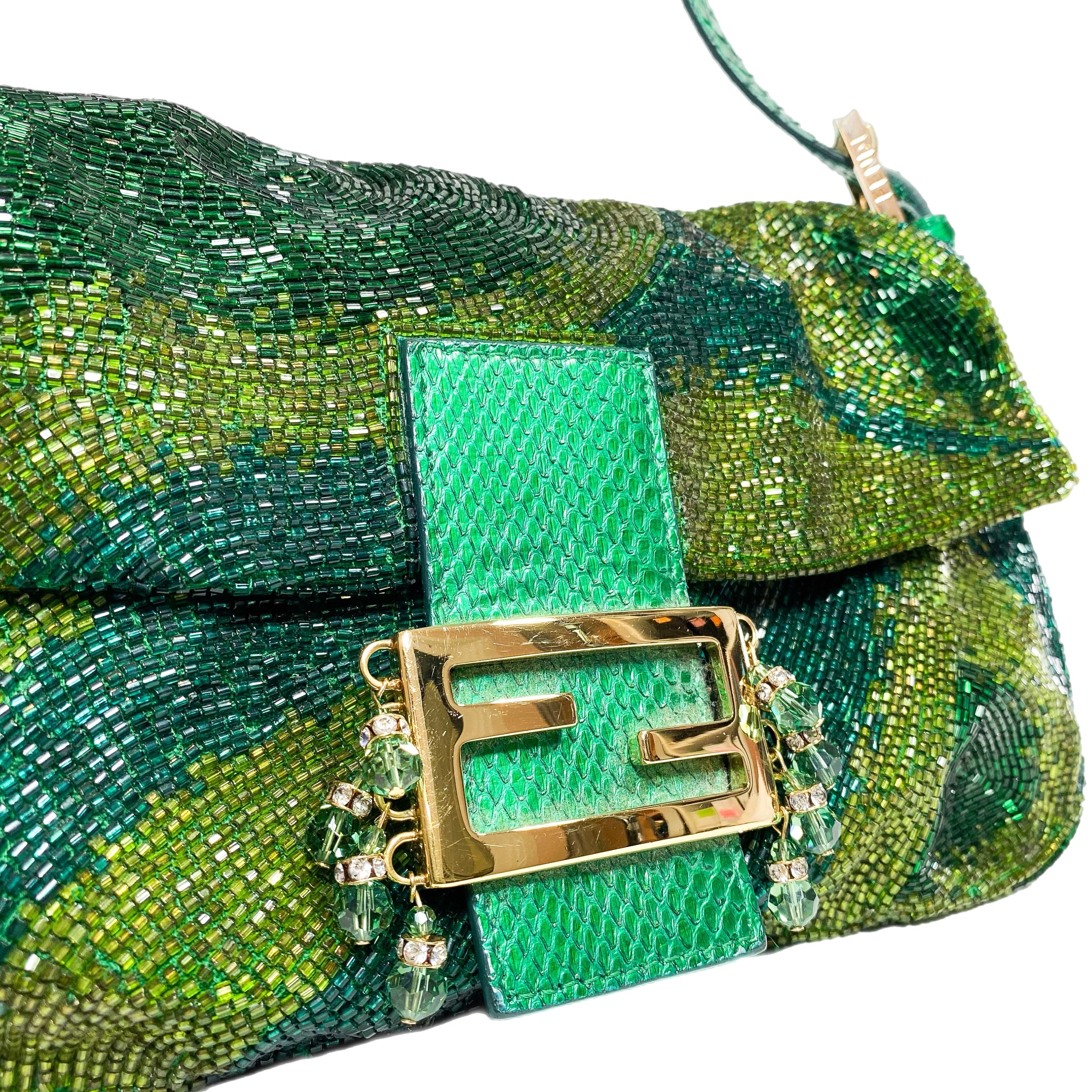 Fendi Green Beaded Python Baguette