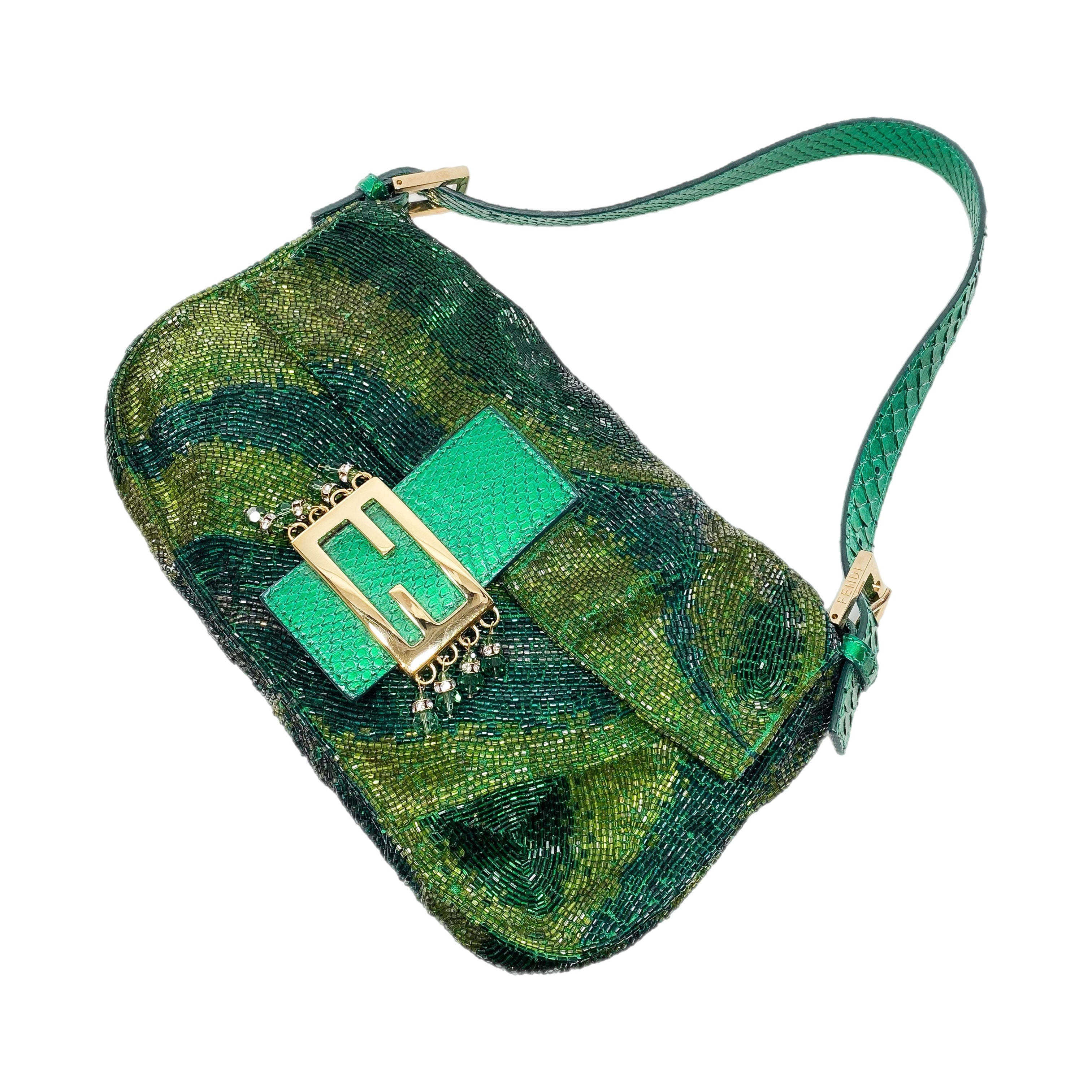 Fendi Green Beaded Python Baguette