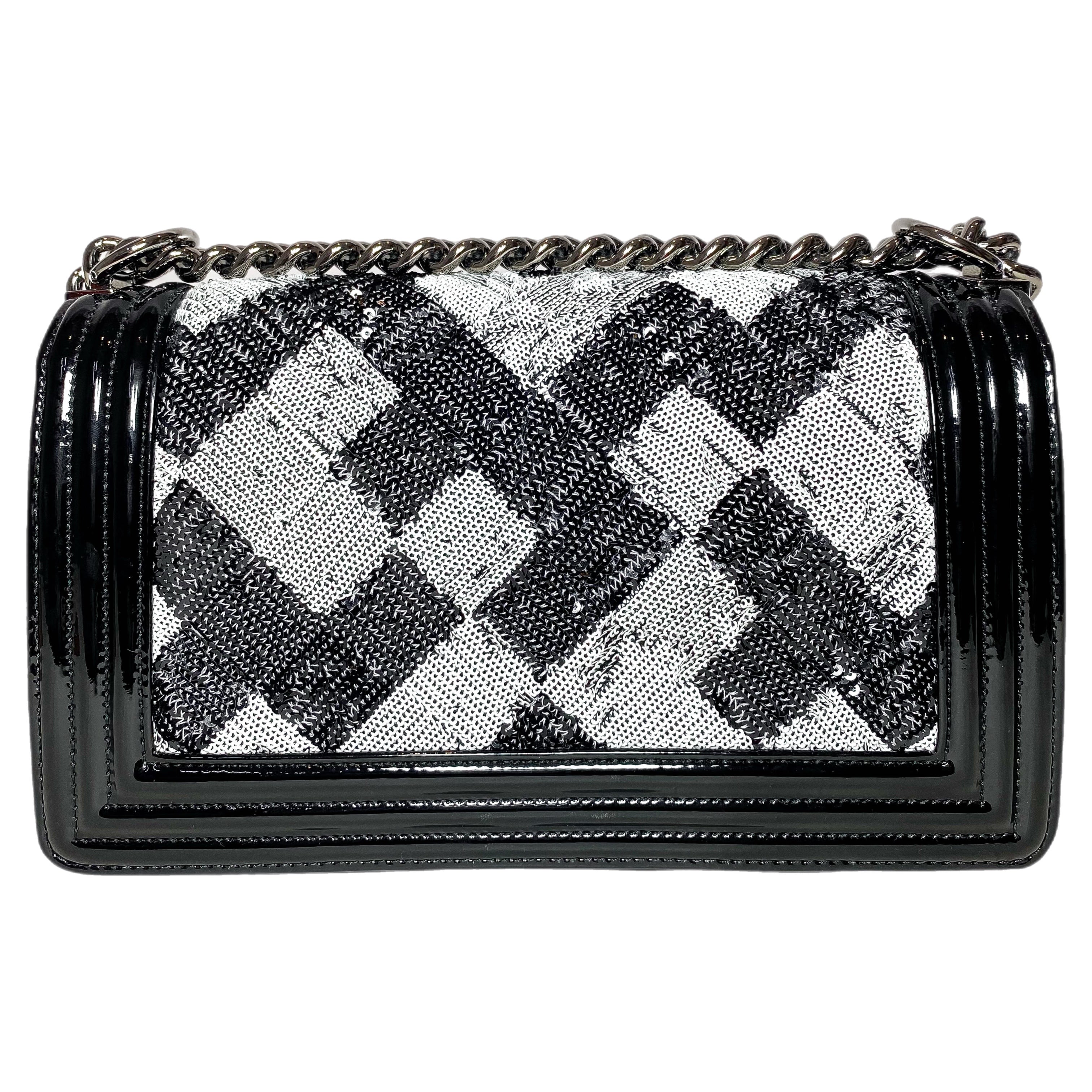 Chanel Black White Sequin Patent Old Medium Boy Bag