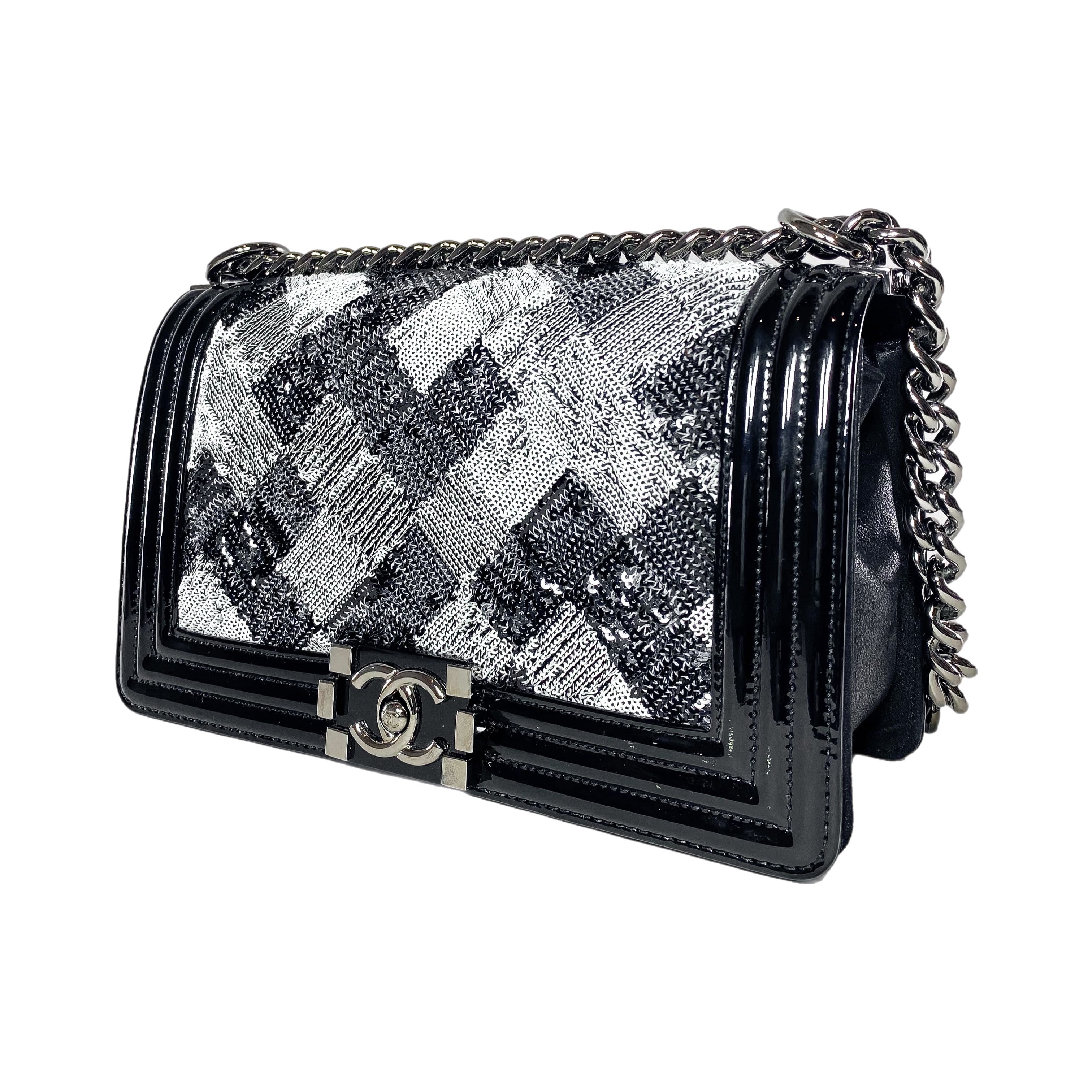 Chanel Black White Sequin Patent Old Medium Boy Bag