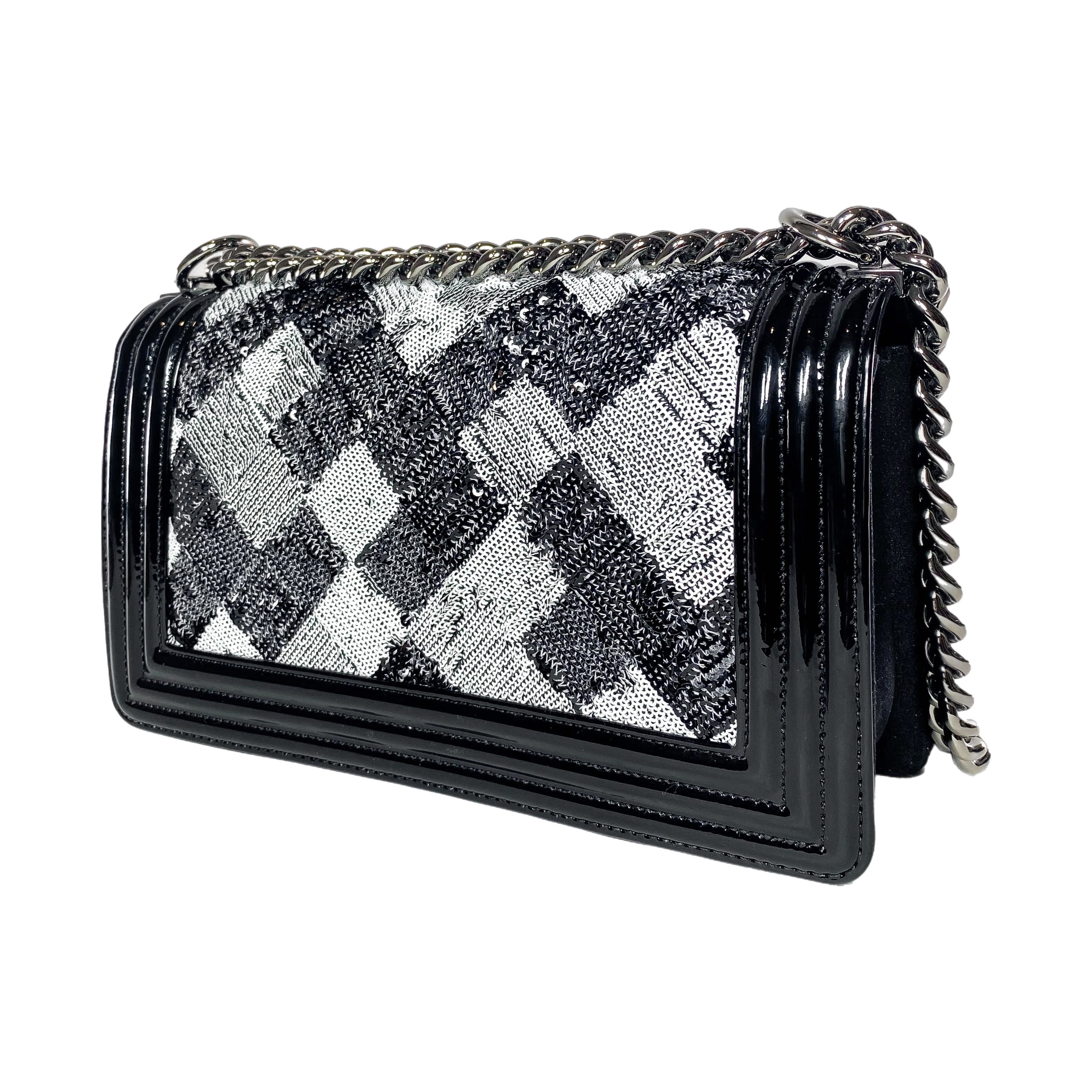 Chanel Black White Sequin Patent Old Medium Boy Bag