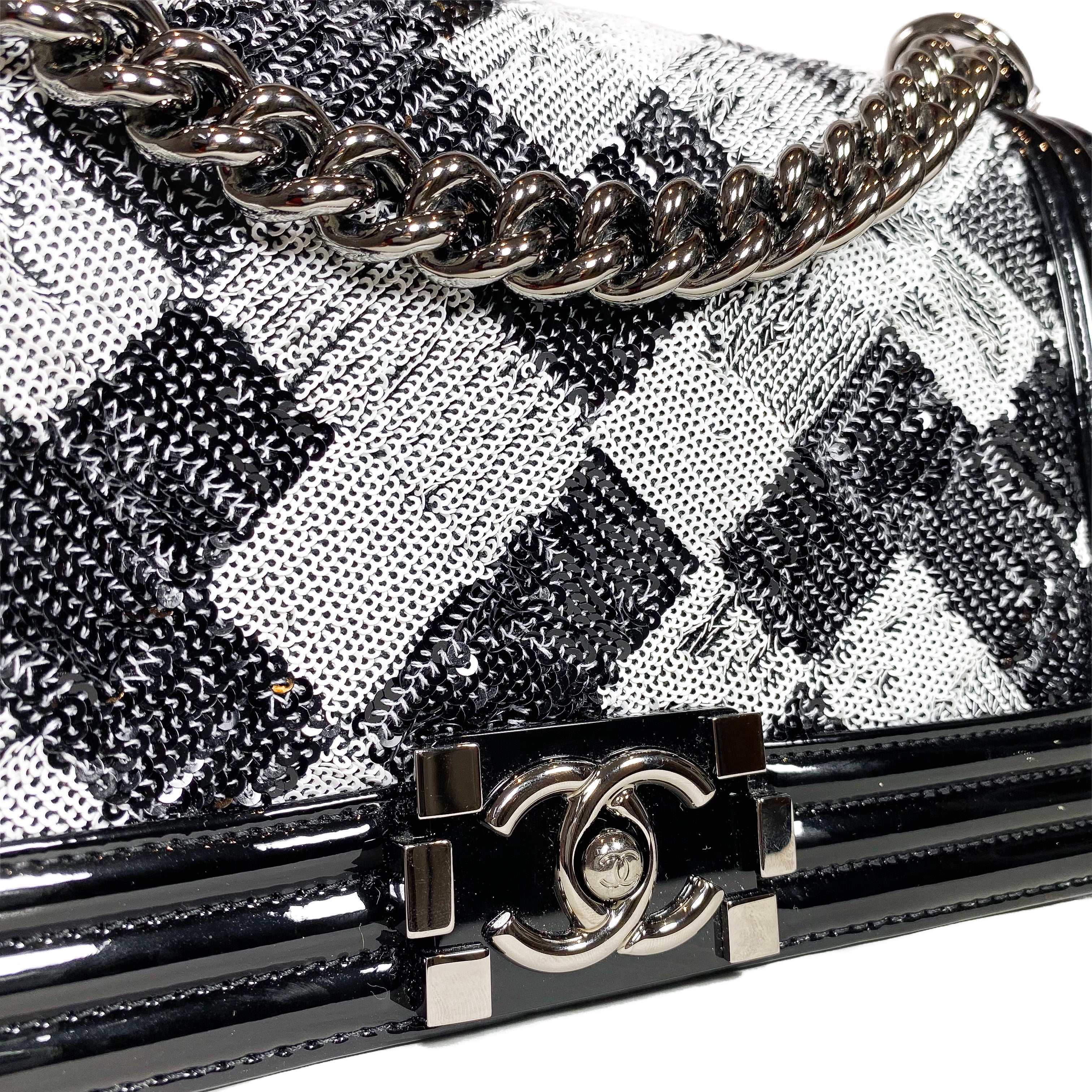 Chanel Black White Sequin Patent Old Medium Boy Bag