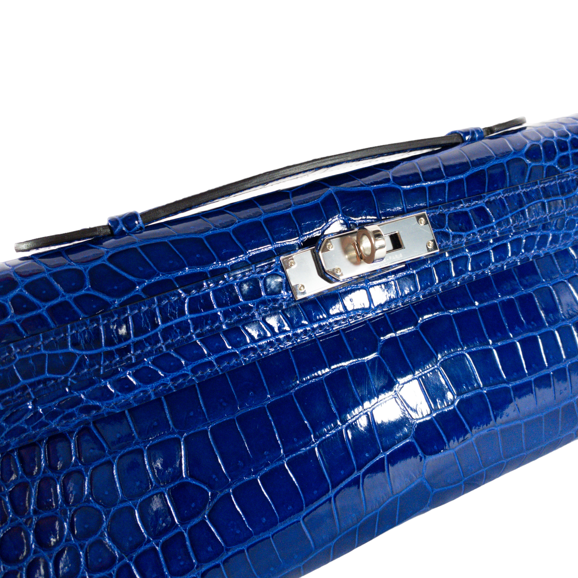 Hermès Bleu Brighton Shiny Porosus Crocodile Kelly Cut PHW